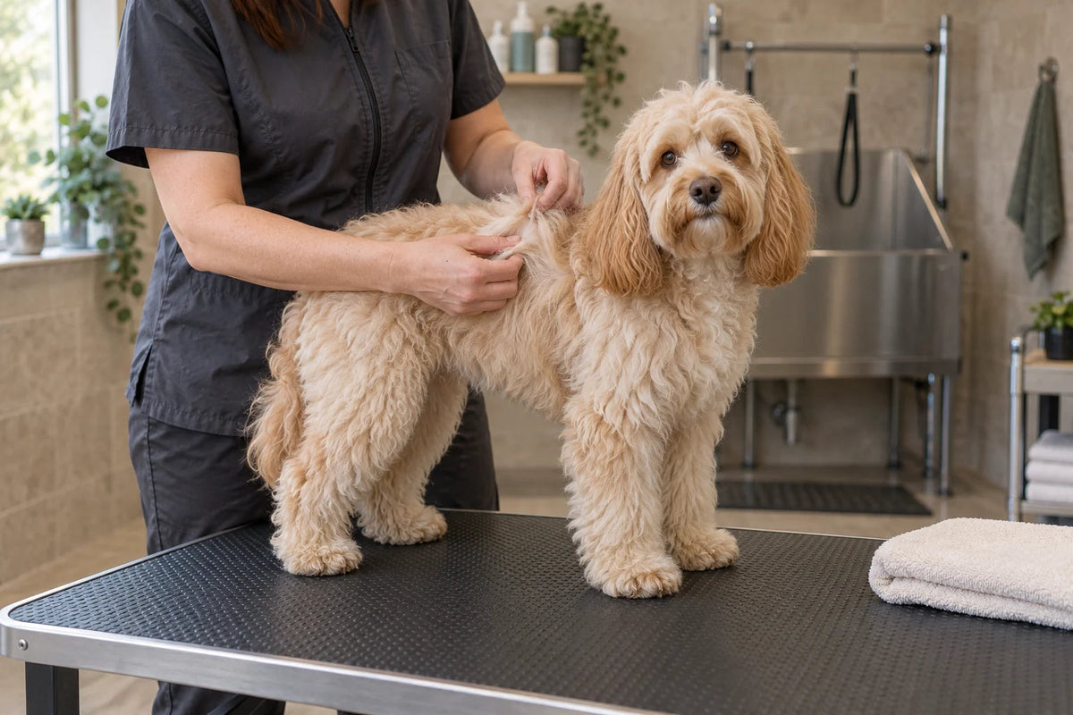 A groomer gently checking the roots of a cream cockapoo’s coat before clipping