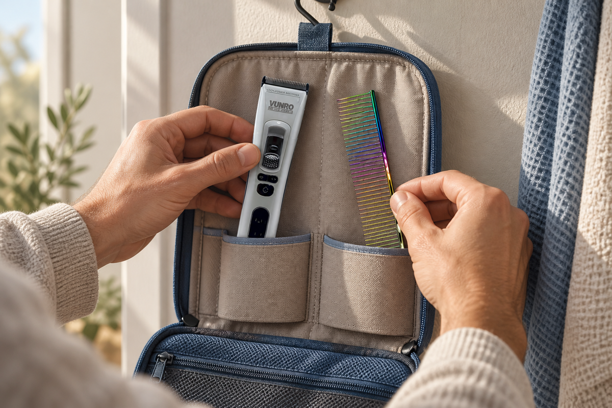 VUNRO PRO trimmer and rainbow comb being packed into separate travel organiser pockets