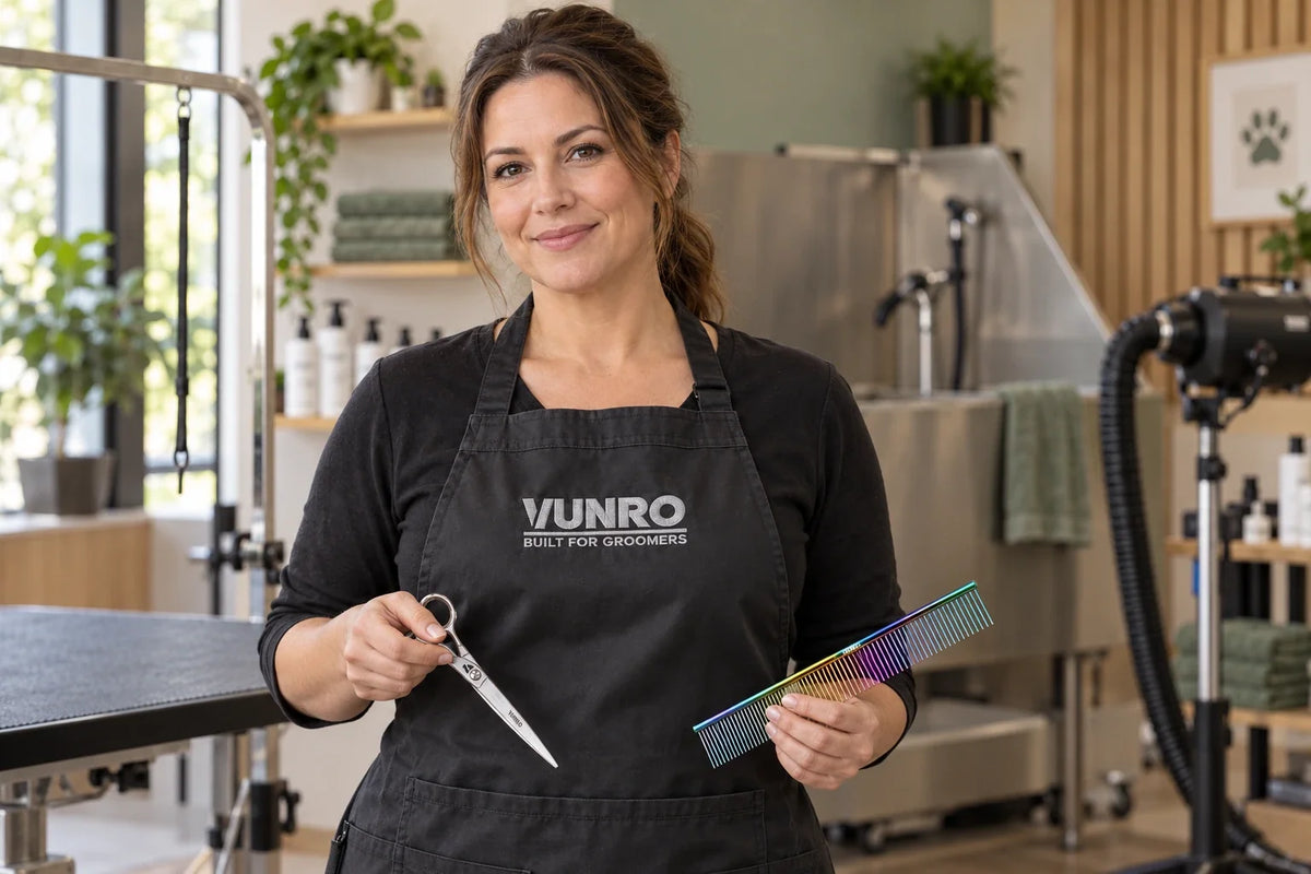Illustration of a professional groomer wearing a VUNRO apron and holding grooming scissors and a rainbow comb