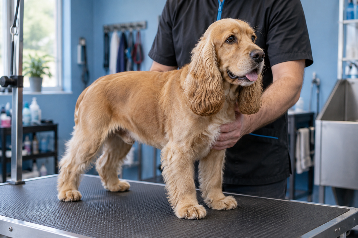 Groomer supporting a naturally proportioned cocker spaniel during a coat assessment