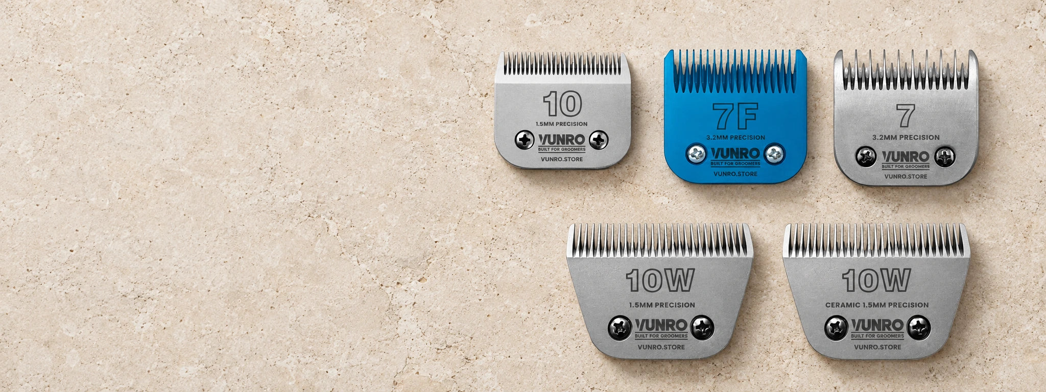 Five current VUNRO A5 blade families arranged on a grooming worktop